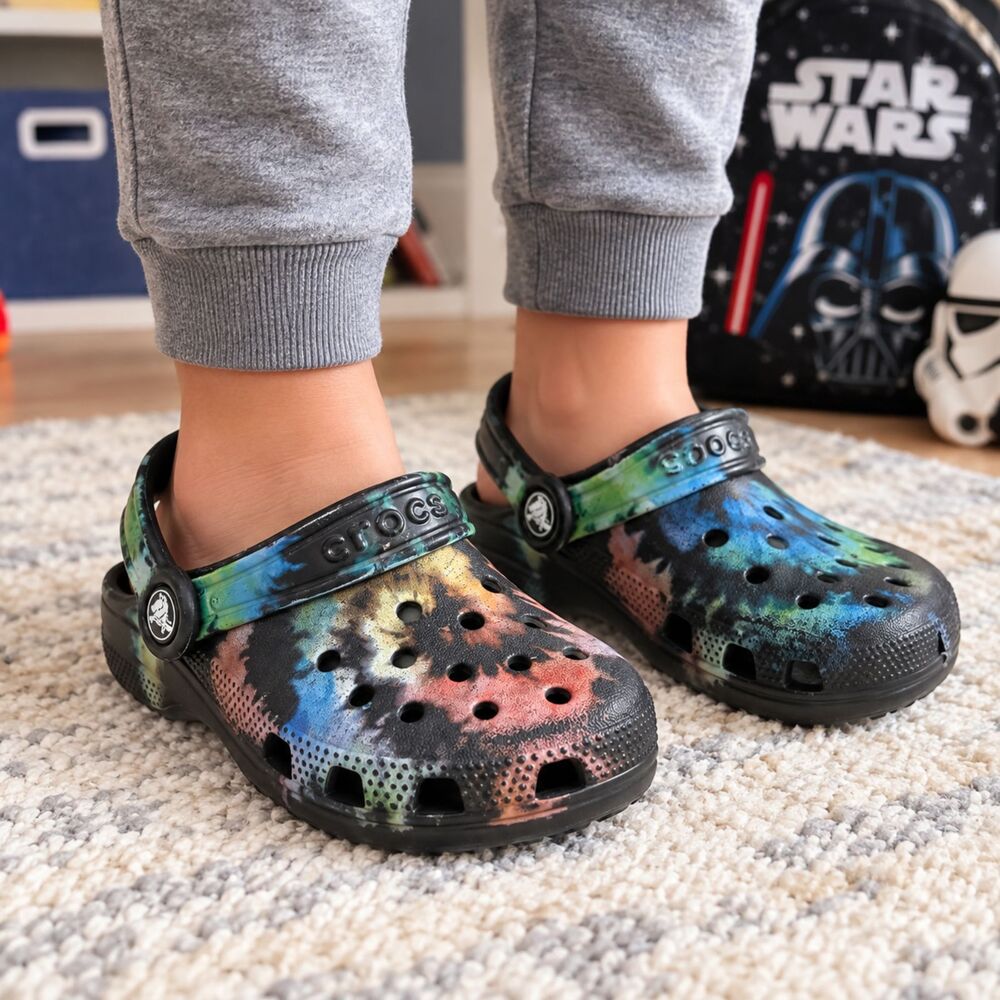 Crocs Kids C9 Black Multicolor Tie Dye Classic Clogs Slip On Shoes